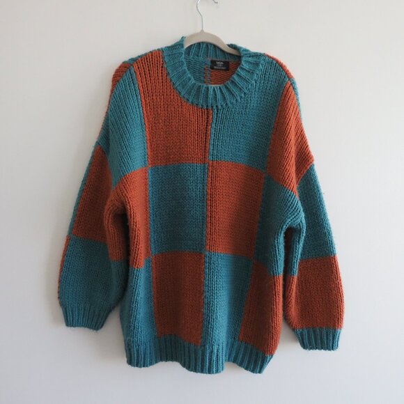 DRESSED IN LALA Rue Oversized Checkered Knit Sweater in Rust Blue - Size S/M - Picture 2 of 13